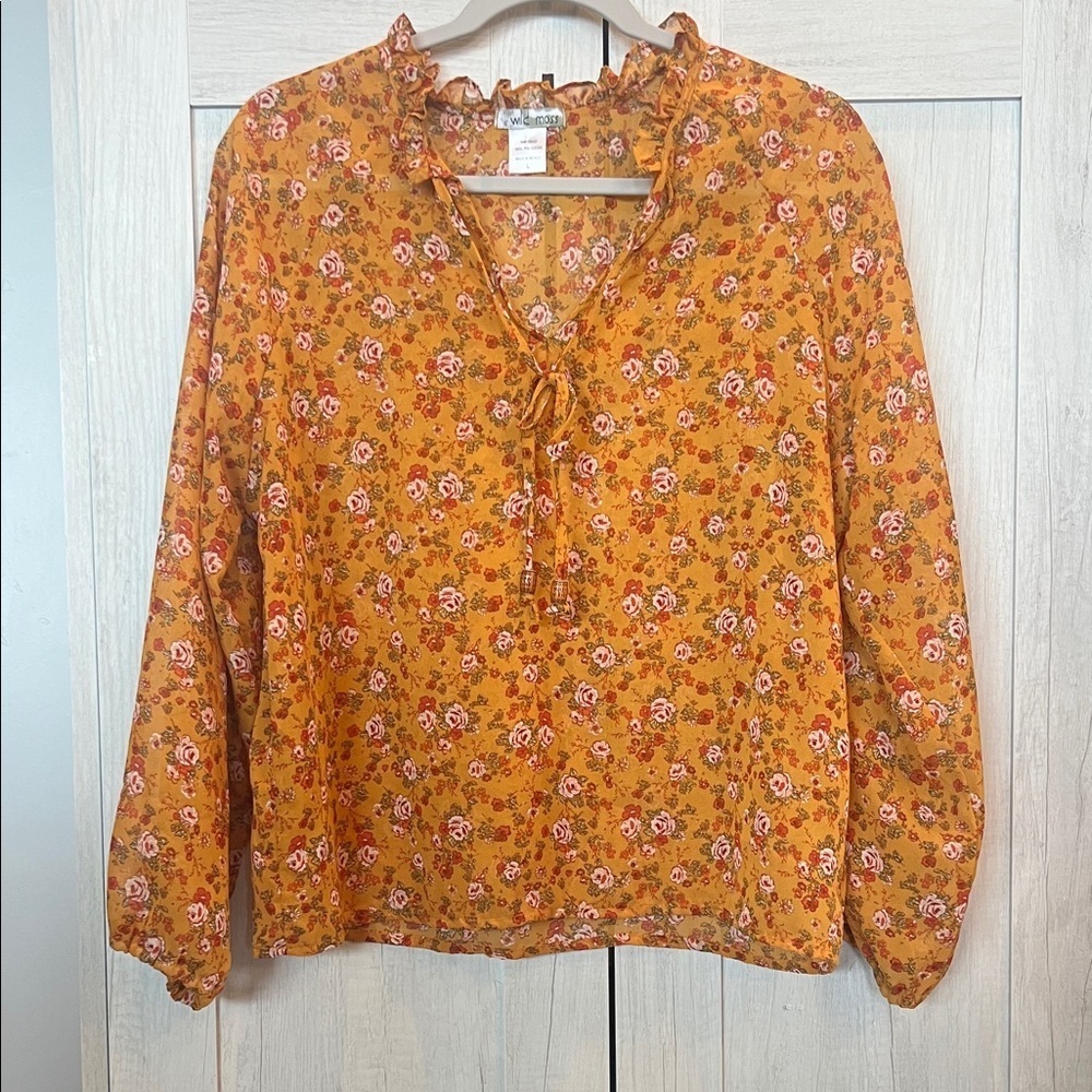 Floral Ruffle Neck Blouse in Floral Mustard Large
